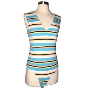AFRM Nordstrom Bodysuit Pastel Stripe Size S Ribbed V-neck Thong Sexy Summer NEW
